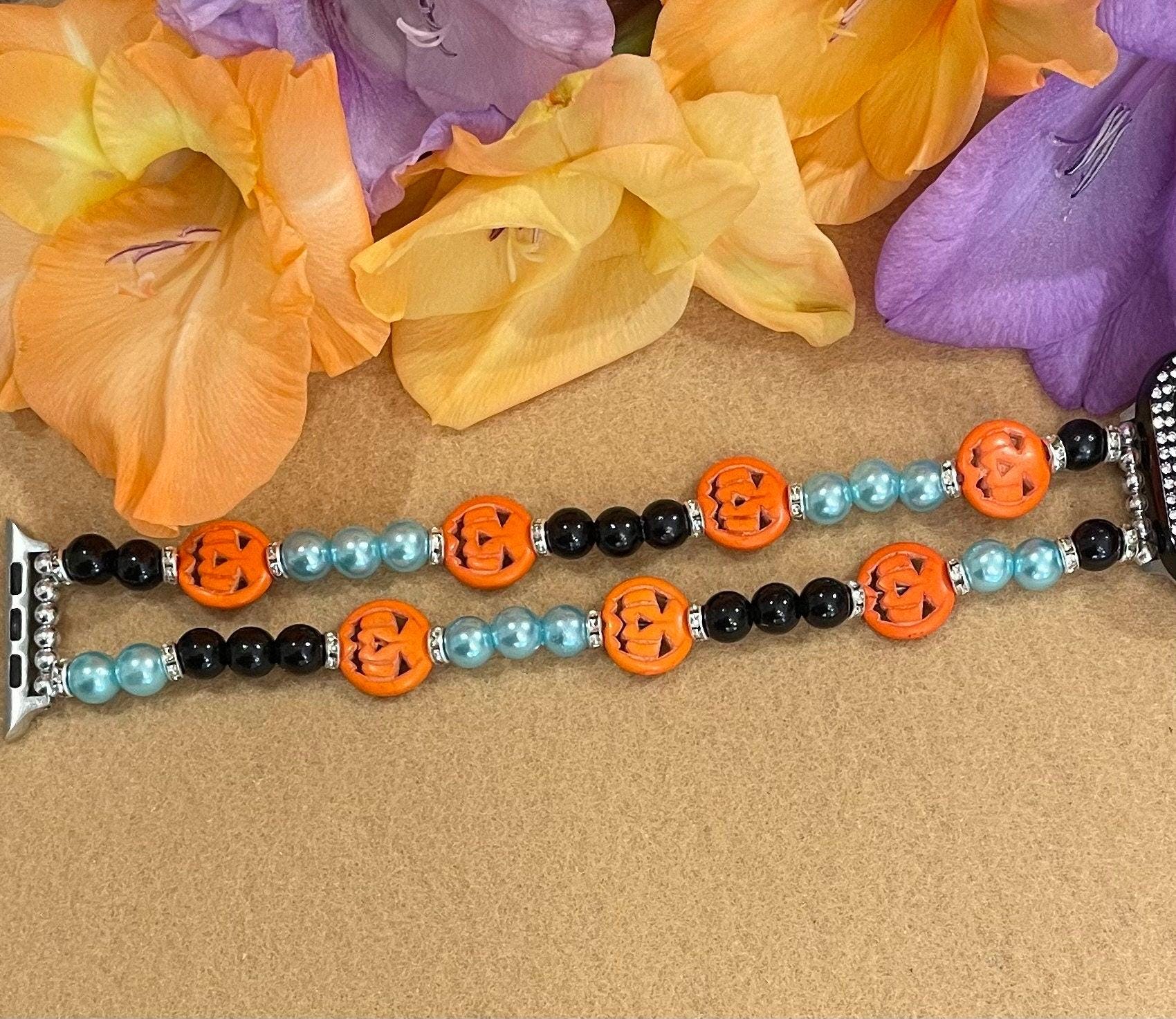 Teal Halloween Watch Band Compatible with Apple Watch Made With Howlite Pumpkin, Imitation Pearl, and Rhinestone Beads