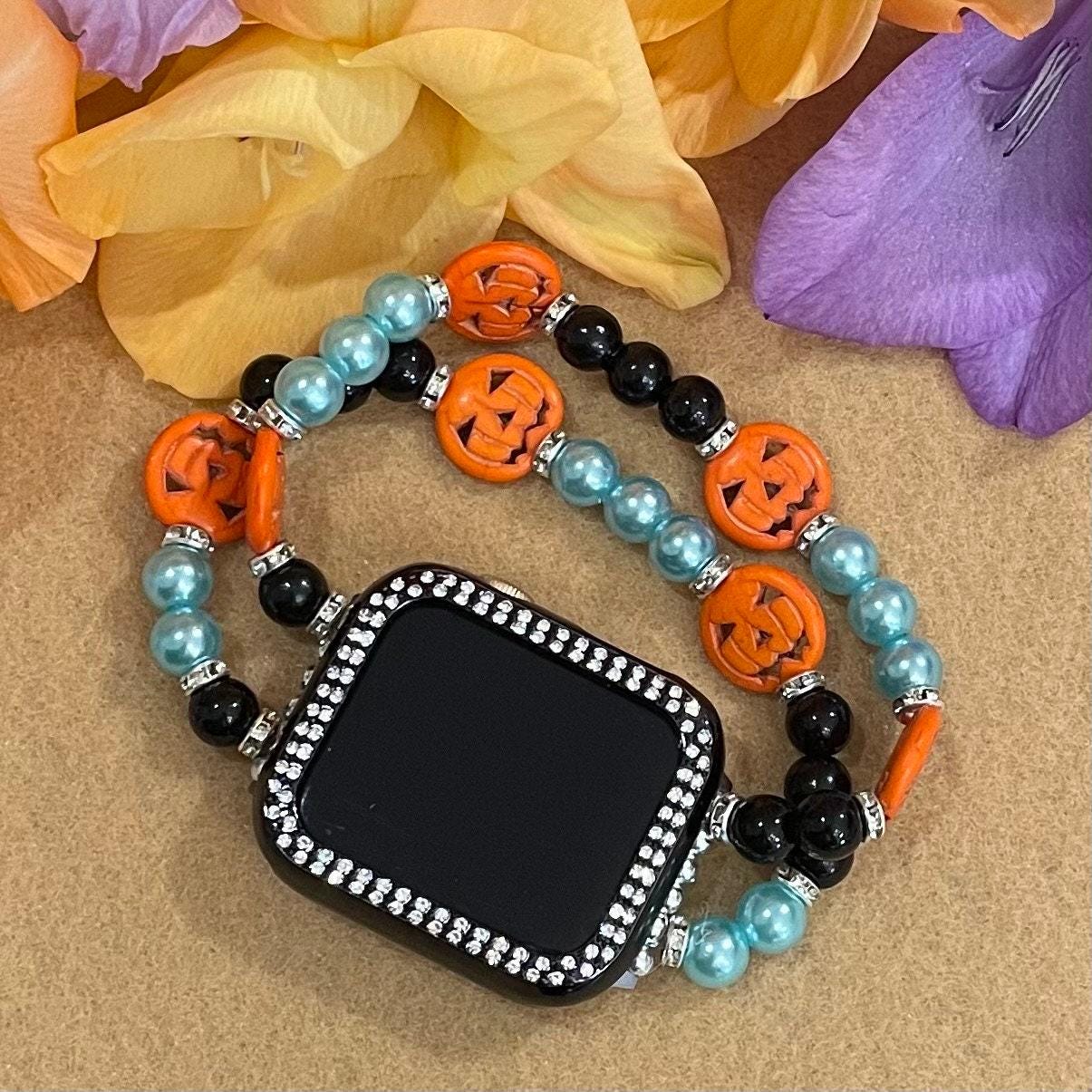 Teal Halloween Watch Band Compatible with Apple Watch Made With Howlite Pumpkin, Imitation Pearl, and Rhinestone Beads