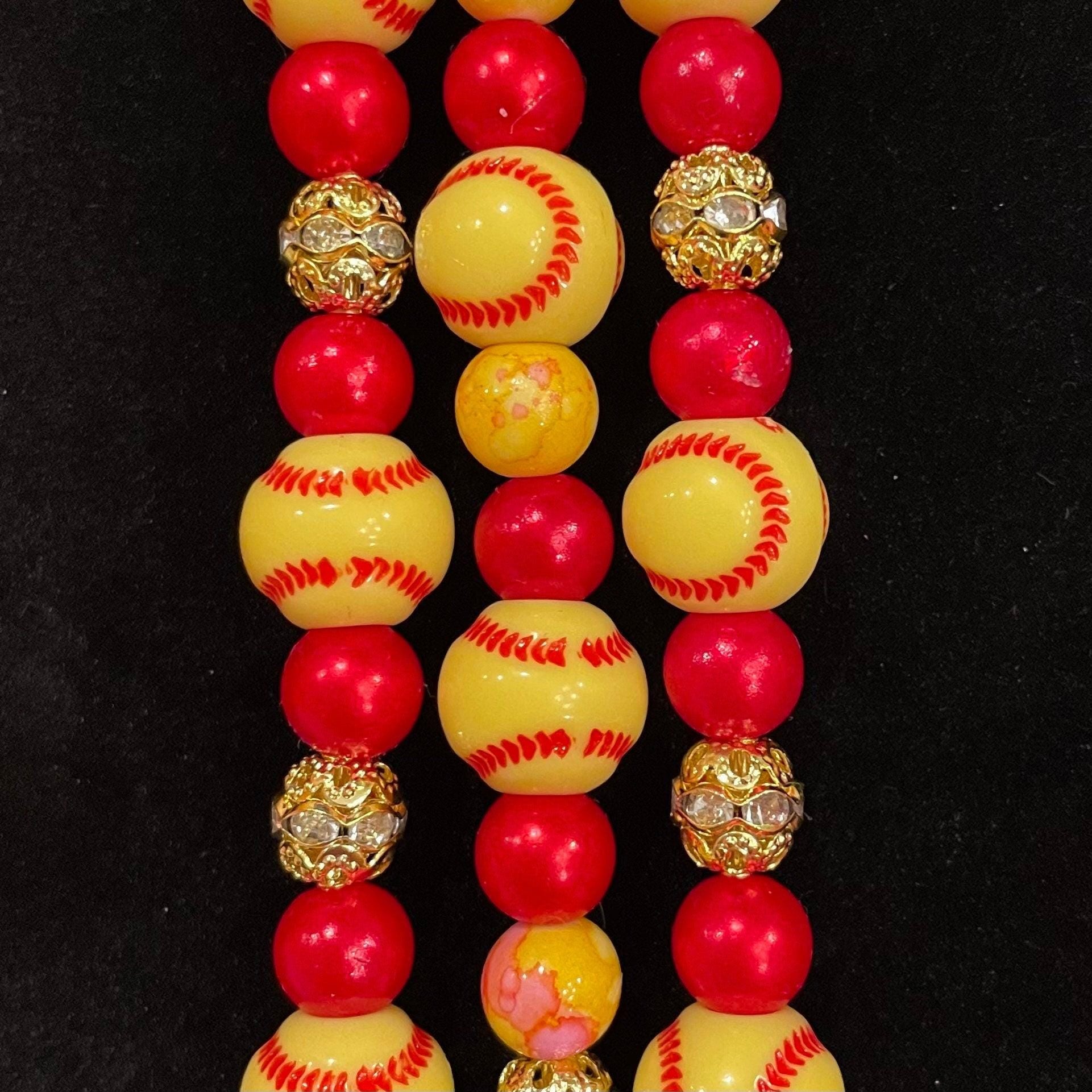 Softball Watch Band Compatible with Apple Watch Made with Acrylic Softball, Imitation Pearl, and Rhinestone Beads