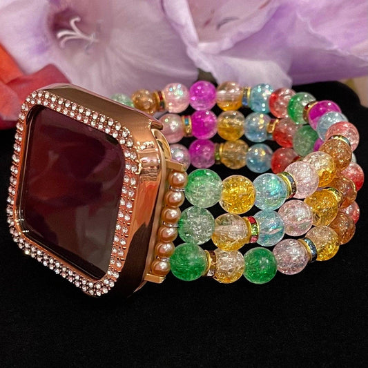 Colorful Watch Band Compatible with Apple Watch Made With Crackle Acrylic, Imitation Pearl, and Rhinestone Beads