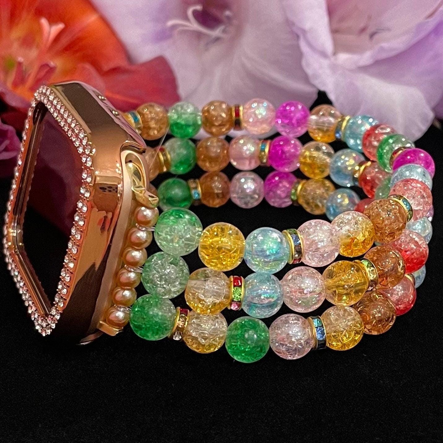 Colorful Watch Band Compatible with Apple Watch Made With Crackle Acrylic, Imitation Pearl, and Rhinestone Beads