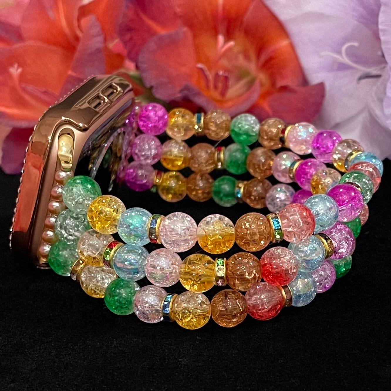 Colorful Watch Band Compatible with Apple Watch Made With Crackle Acrylic, Imitation Pearl, and Rhinestone Beads