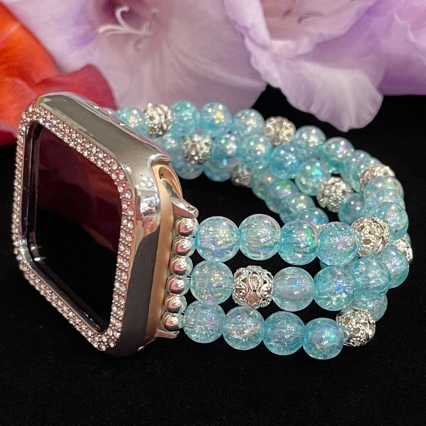Blue Watch Band Compatible with Apple Watch with Acrylic Crackle and Rhinestone Beads