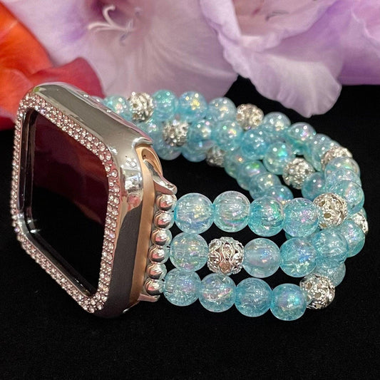 Blue Watch Band Compatible with Apple Watch with Acrylic Crackle and Rhinestone Beads