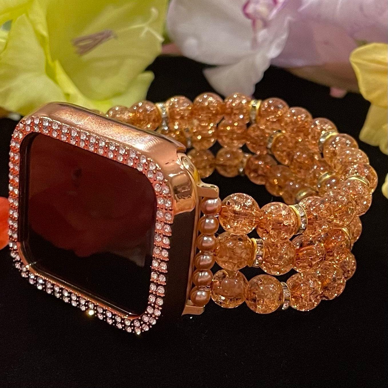 Fall Tan/Brown Watch Band Compatible with Apple Watch Made With Crackle Acrylic, Imitation Pearl, and Rhinestone Beads