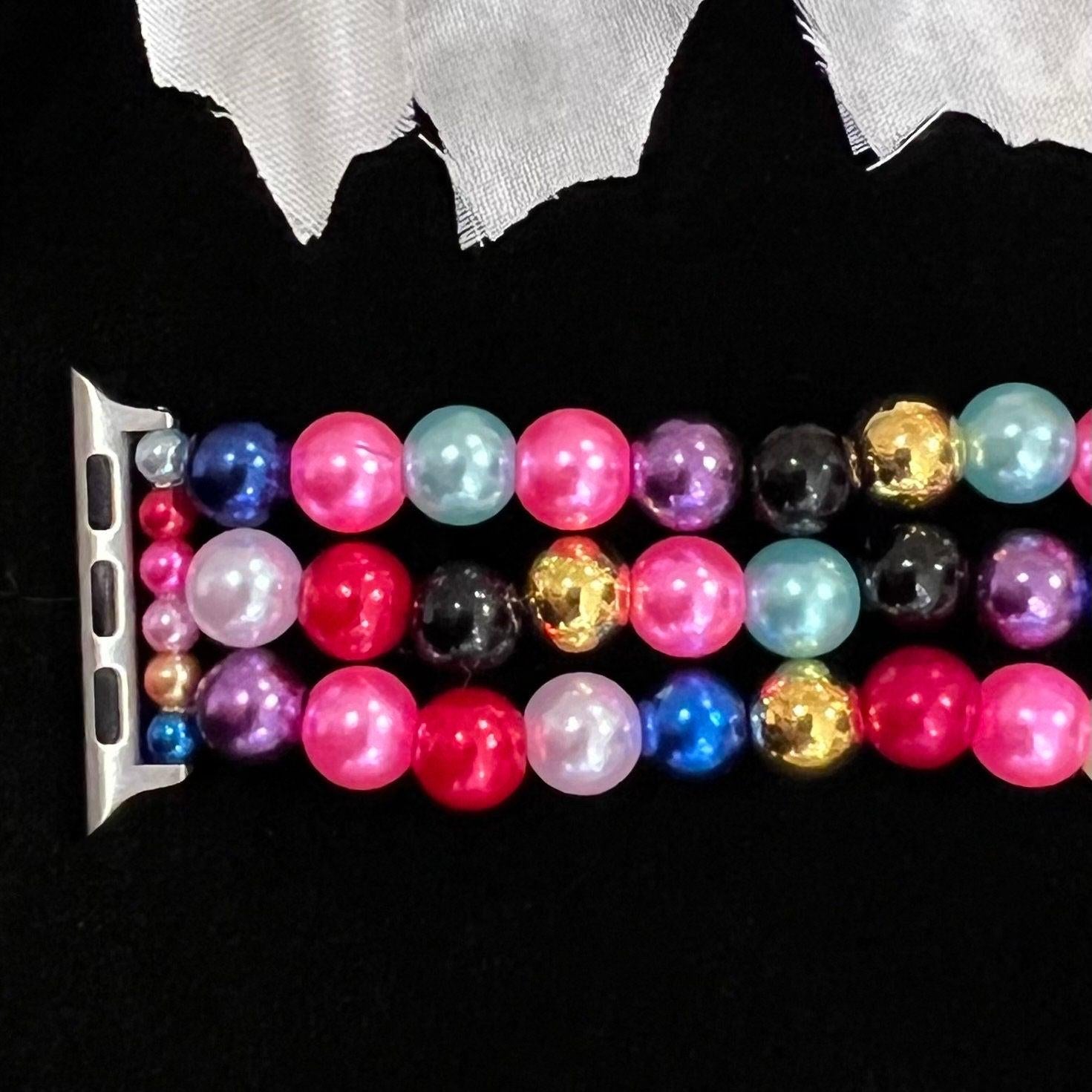 Rainbow Watch Band Compatible with Apple Watch with Imitation Pearls, Custom Sizing!