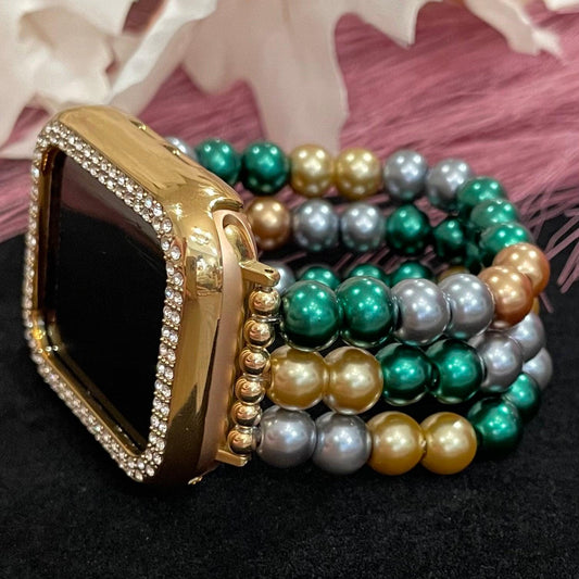 Green and Gold Watch Band Compatible with Apple Watch Made with Glass Beads