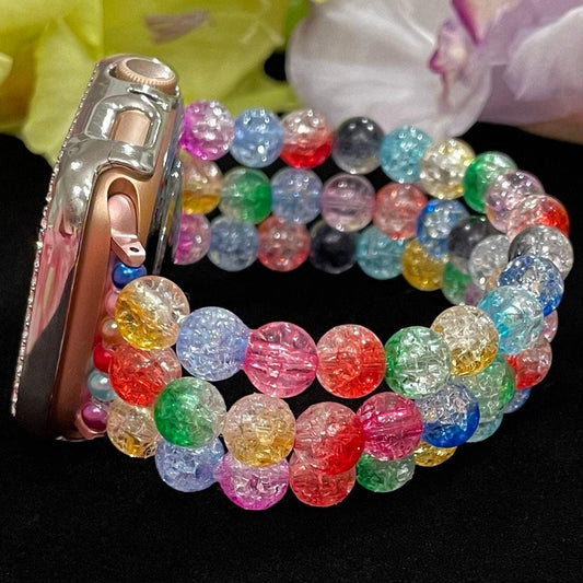 Rainbow Watch Band Compatible with Apple Watch Made with Acrylic Crackle, Imitation Pearl, and Rhinestone Beads