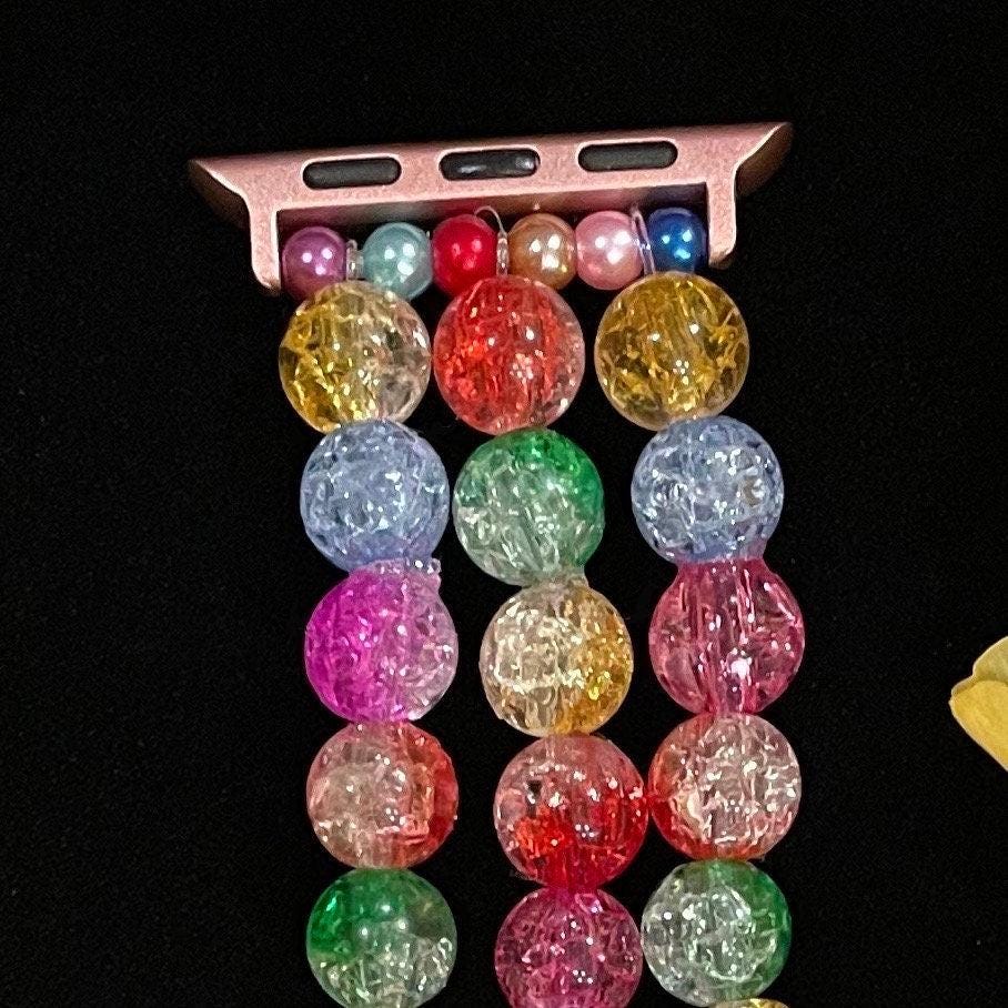 Rainbow Watch Band Compatible with Apple Watch Made with Acrylic Crackle, Imitation Pearl, and Rhinestone Beads