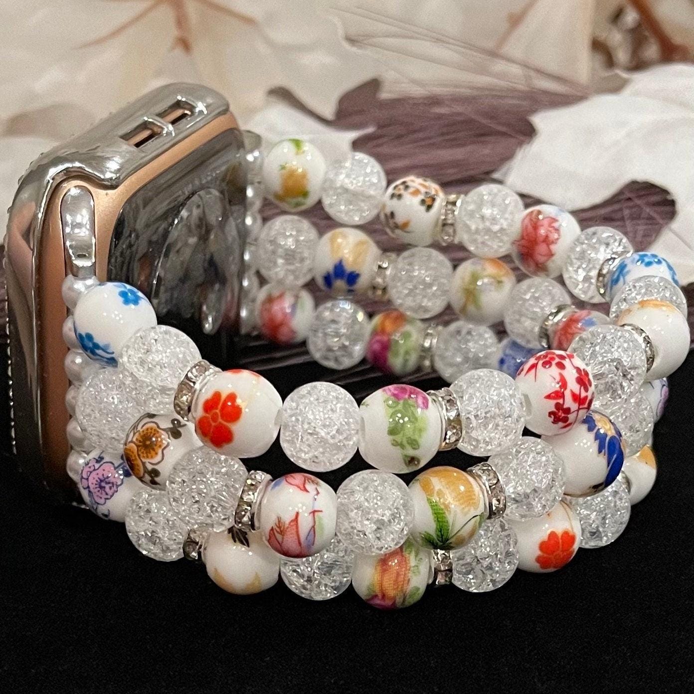 Floral Watch Band Compatible with Apple Watch with Porcelain Flower and Cracked Crystal Beads