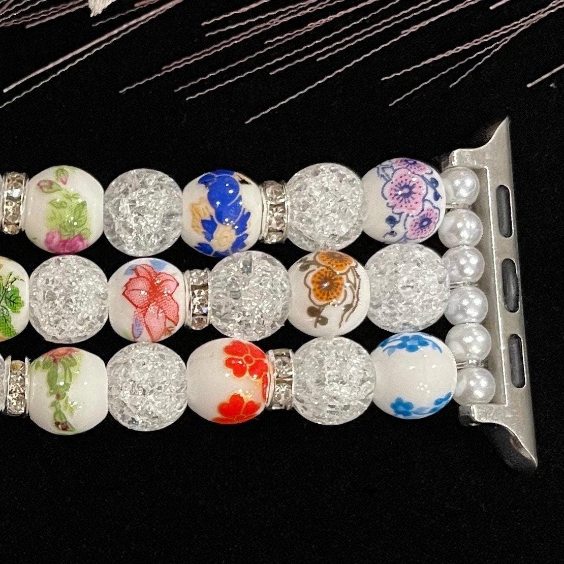 Floral Watch Band Compatible with Apple Watch with Porcelain Flower and Cracked Crystal Beads