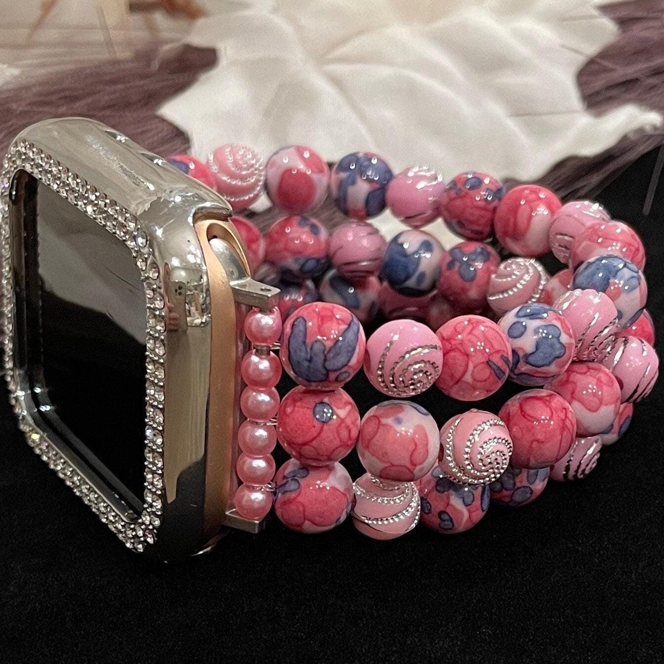 Pink Watch Band Compatible with Apple Watch with Stone Rain Flower and Acrylic Rhinestone Beads