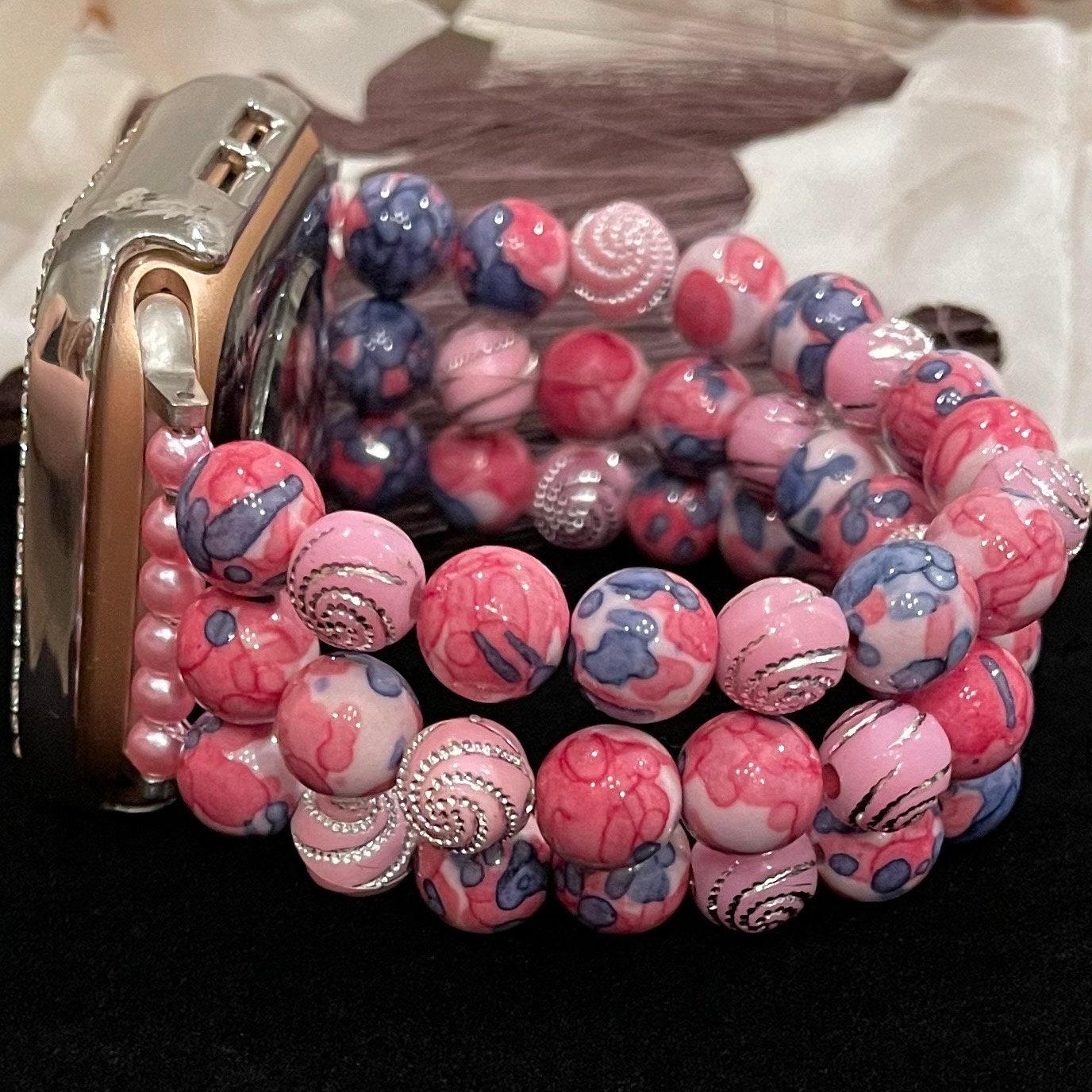 Pink Watch Band Compatible with Apple Watch with Stone Rain Flower and Acrylic Rhinestone Beads