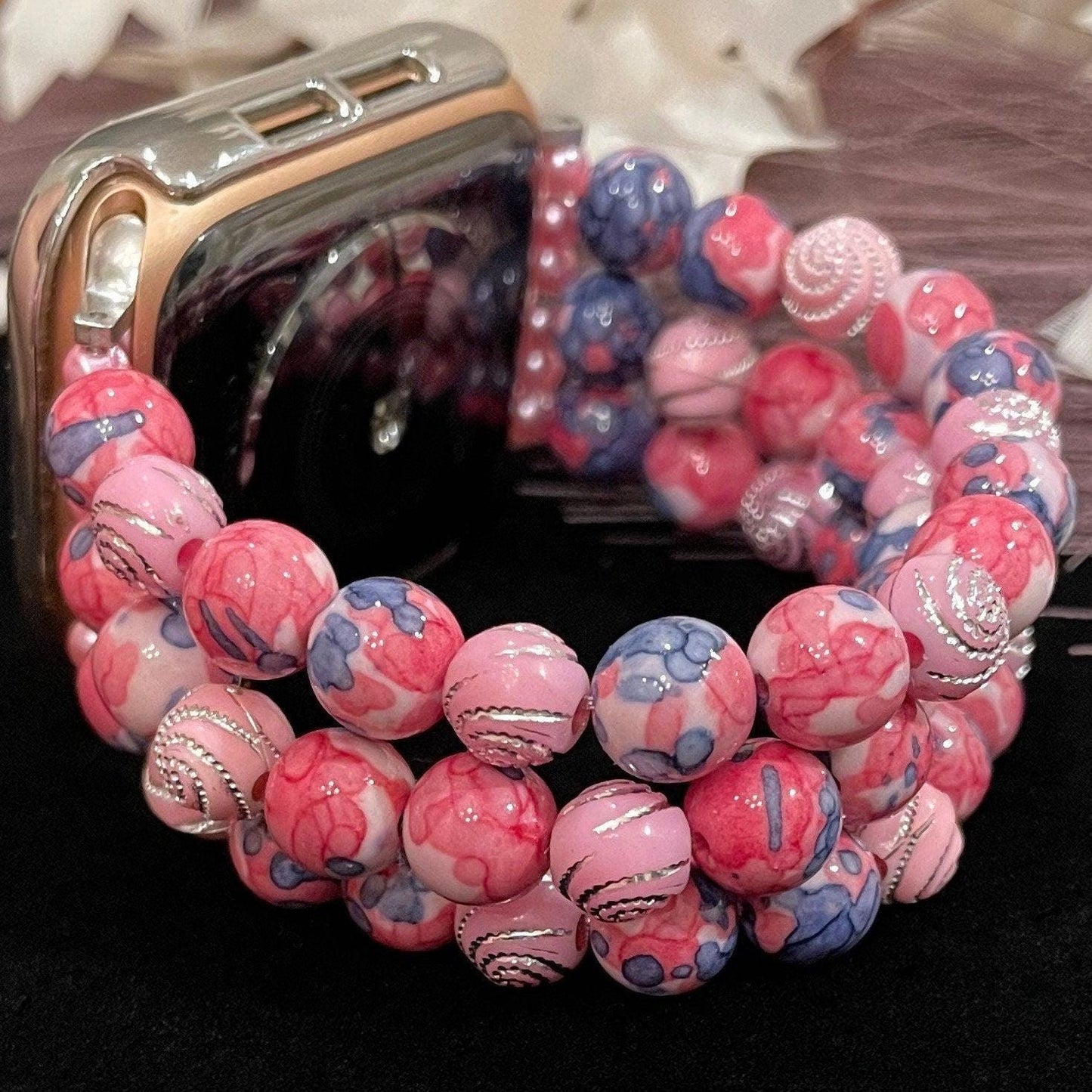 Pink Watch Band Compatible with Apple Watch with Stone Rain Flower and Acrylic Rhinestone Beads