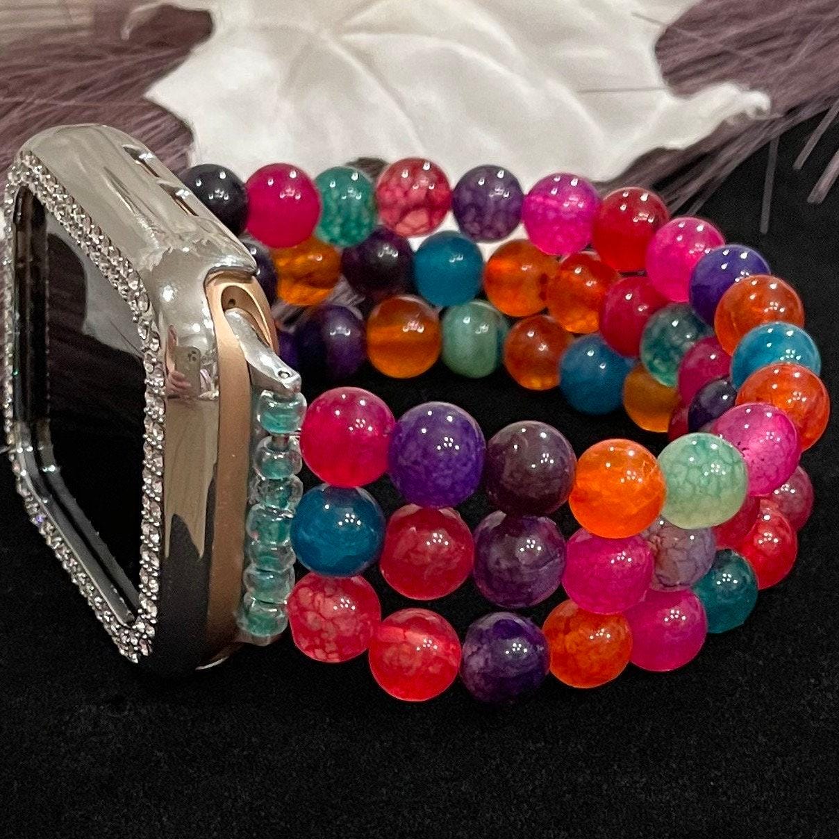 Colorful Watch Band Compatible with Apple Watch with Colorful Black Dragon Pattern Agate Beads