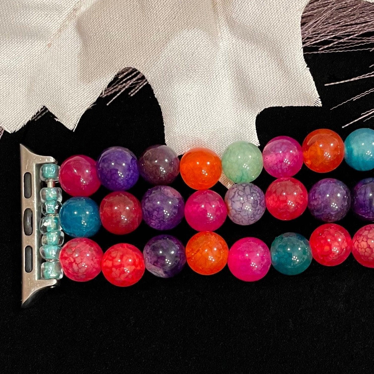 Colorful Watch Band Compatible with Apple Watch with Colorful Black Dragon Pattern Agate Beads