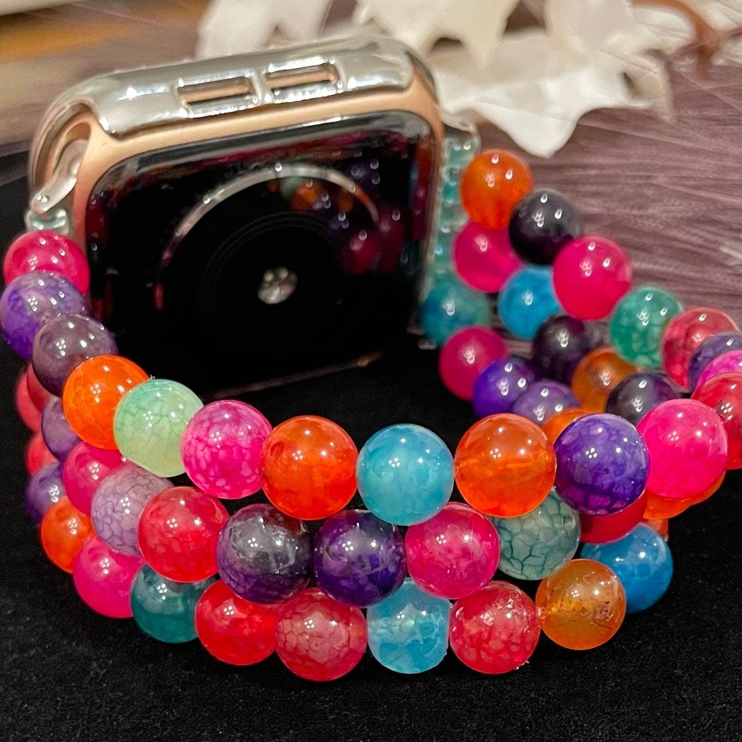 Colorful Watch Band Compatible with Apple Watch with Colorful Black Dragon Pattern Agate Beads
