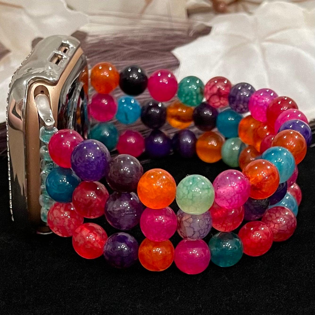 Colorful Watch Band Compatible with Apple Watch with Colorful Black Dragon Pattern Agate Beads