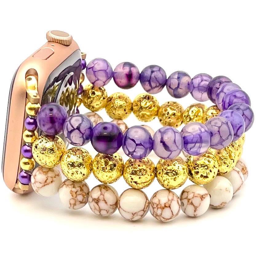 Gold Lava Stone, Purple Dragon Veined Stone Agate, and White Gold Veined Howlite Watch Band Compatible with Apple Watch