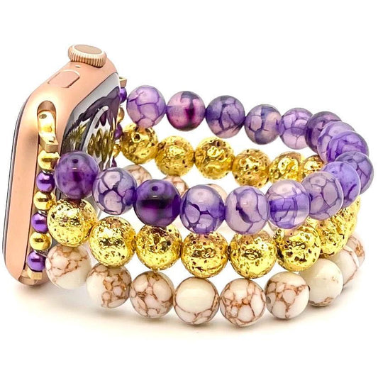 Gold Lava Stone, Purple Dragon Veined Stone Agate, and White Gold Veined Howlite Watch Band Compatible with Apple Watch