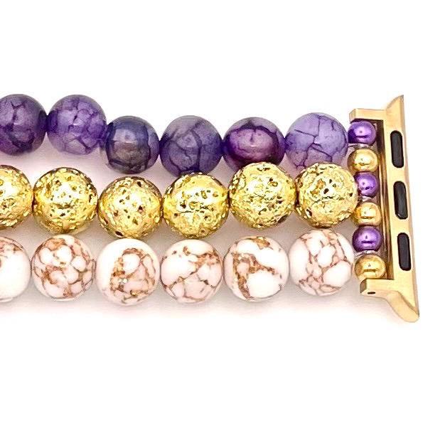 Gold Lava Stone, Purple Dragon Veined Stone Agate, and White Gold Veined Howlite Watch Band Compatible with Apple Watch