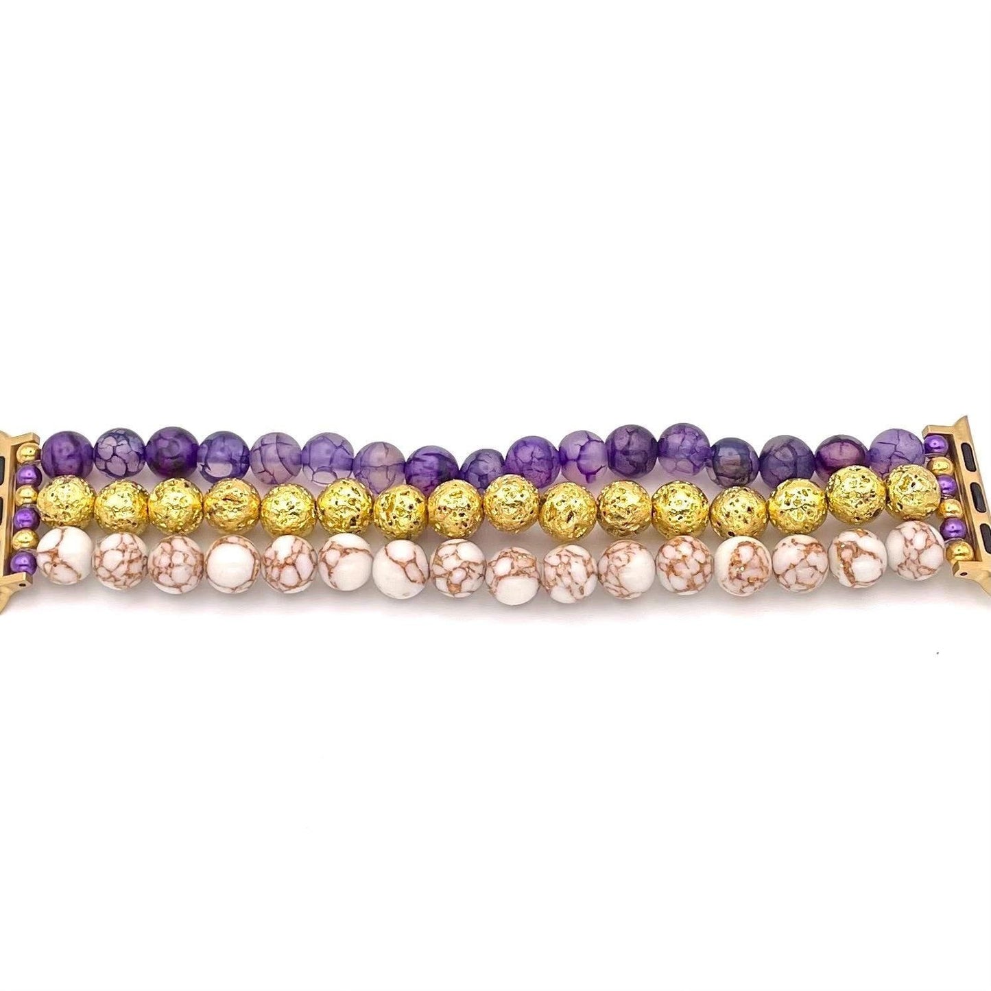 Gold Lava Stone, Purple Dragon Veined Stone Agate, and White Gold Veined Howlite Watch Band Compatible with Apple Watch