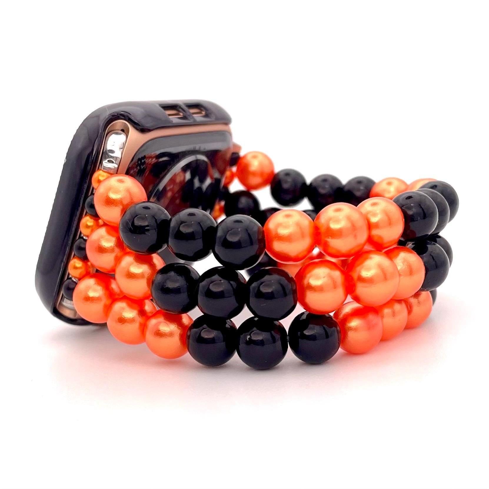 Orange and Black Watch Band Compatible with Apple Watch Made with Imitation Pearls and Acrylic Beads