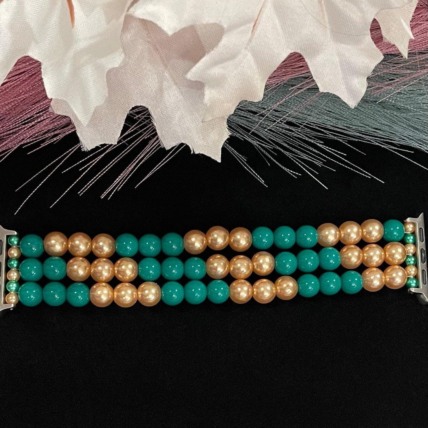 Gold and Green Watch Band Compatible with Apple Watch Made with Acrylic and Imitation Pearl Beads. Available in Team/School Colors. Custom