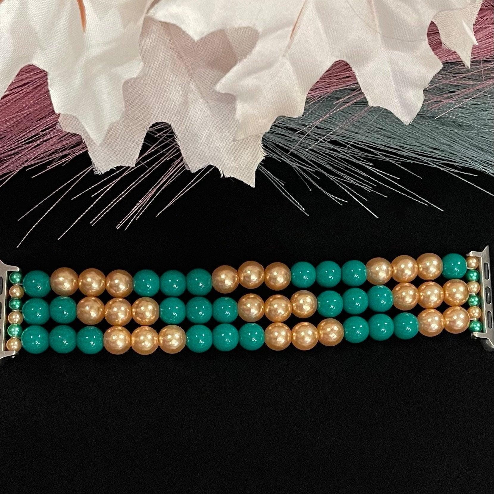 Gold and Green Watch Band Compatible with Apple Watch Made with Acrylic and Imitation Pearl Beads. Available in Team/School Colors. Custom
