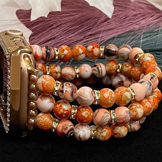 Orange Tan Swirl Watch Band Compatible with Apple Watch Made with Acrylic and Rhinestone Beads