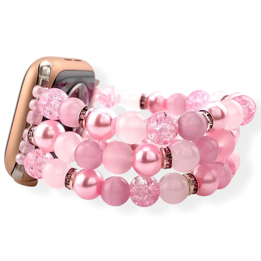 Pastel Pink Watch Band Bracelet Compatible with Apple Watch. Made with Glass Beads, Imitation Pearls & Rhinestones.