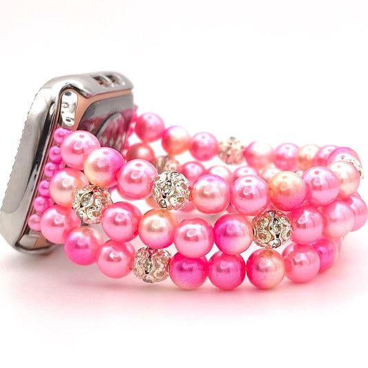 Pink & Orange Ombré Pearl Watch Band Compatible with Apple Watch Made with Imitation Pearl and Rhinestone Beads