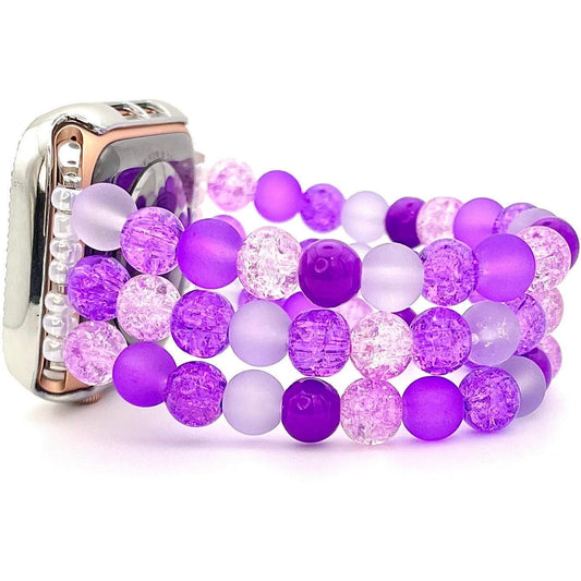 Purple Watch Band Bracelet Compatible with Apple Watch. Made with Glass Beads, Imitation Acrylic Pearls and Rhinestones.