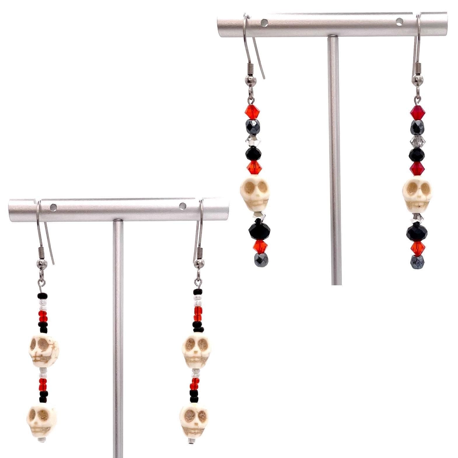 Beaded Skull Halloween Earrings Made with Stainless Steel Earring Hooks