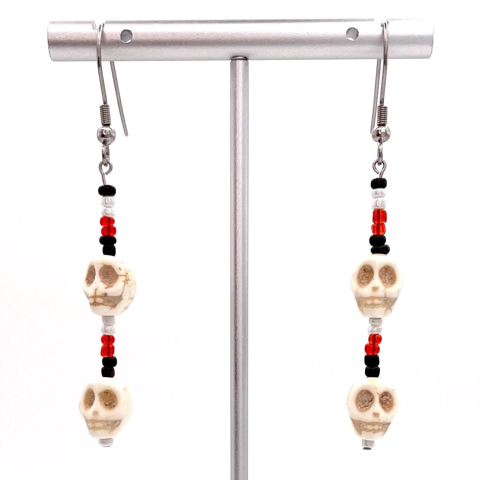 Beaded Skull Halloween Earrings Made with Stainless Steel Earring Hooks