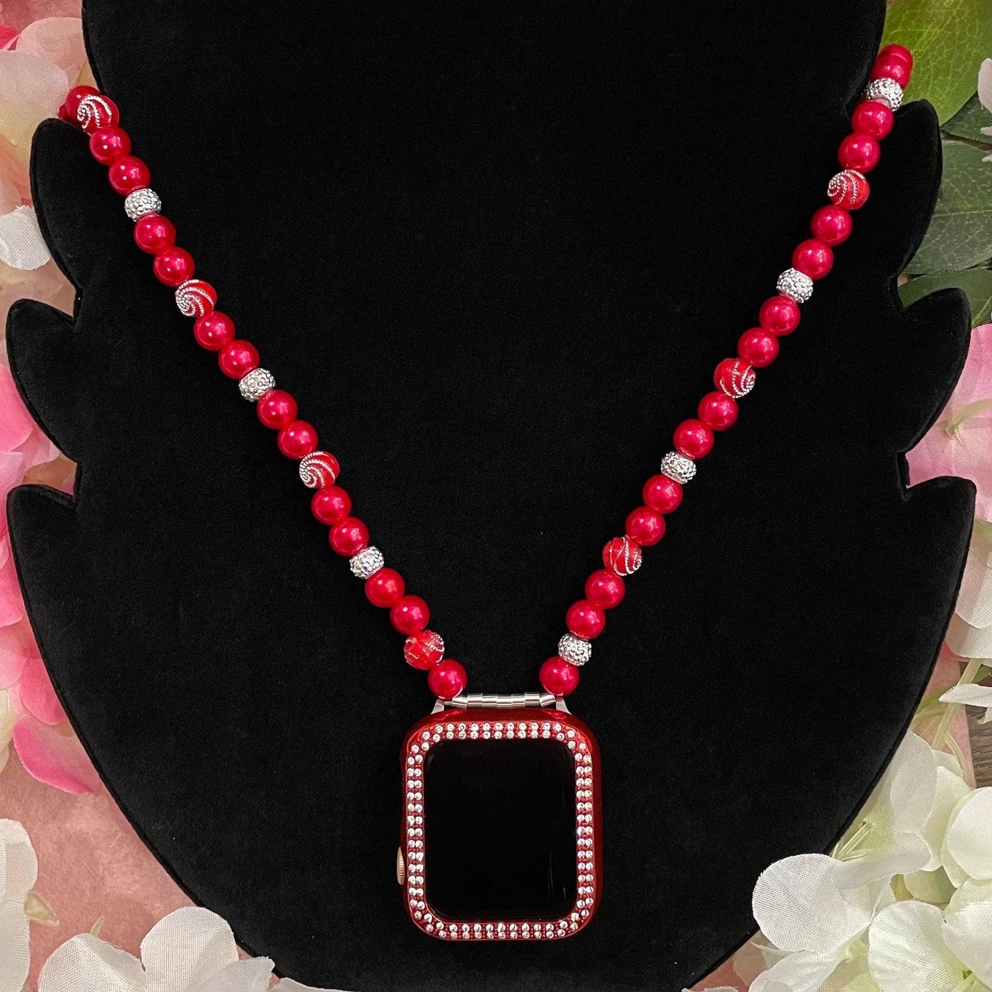Christmas Watch Necklace Pendant Compatible With Apple Watch Made With Imitation Pearls and Rhinestone Beads
