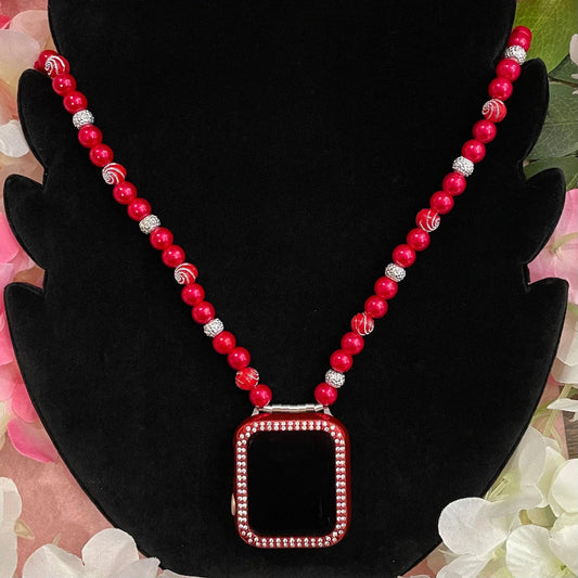 Christmas Watch Necklace Pendant Compatible With Apple Watch Made With Imitation Pearls and Rhinestone Beads