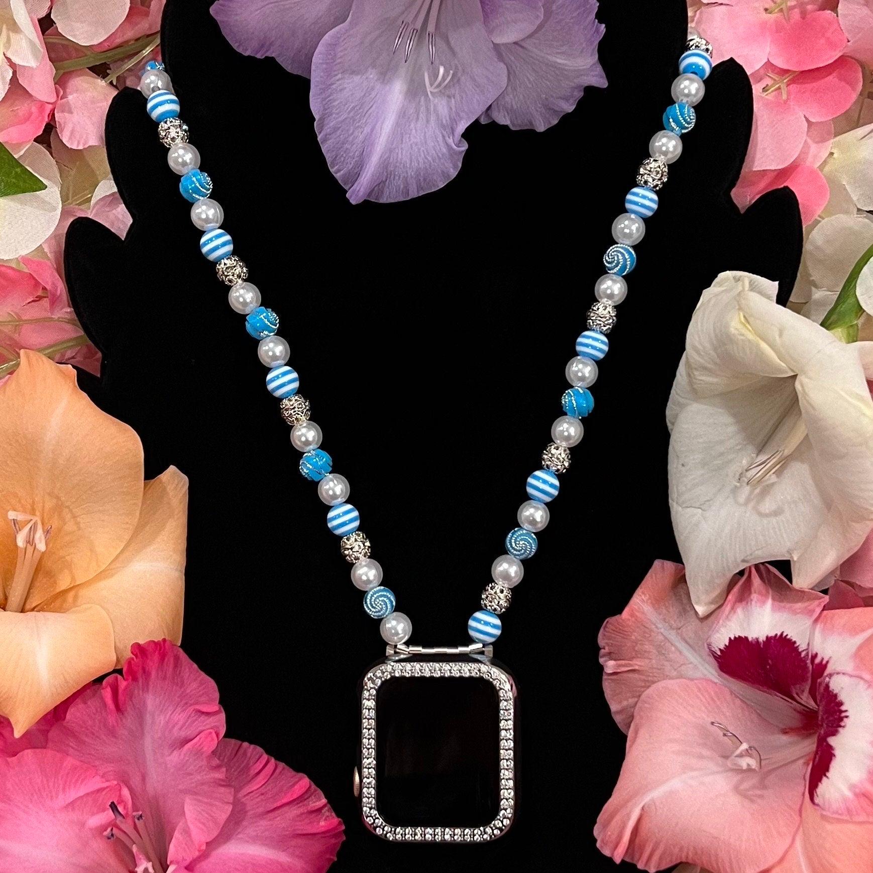 Blue Watch Necklace Pendant Compatible With Apple Watch Made With Imitation Pearls, Acrylic, and Rhinestone Beads