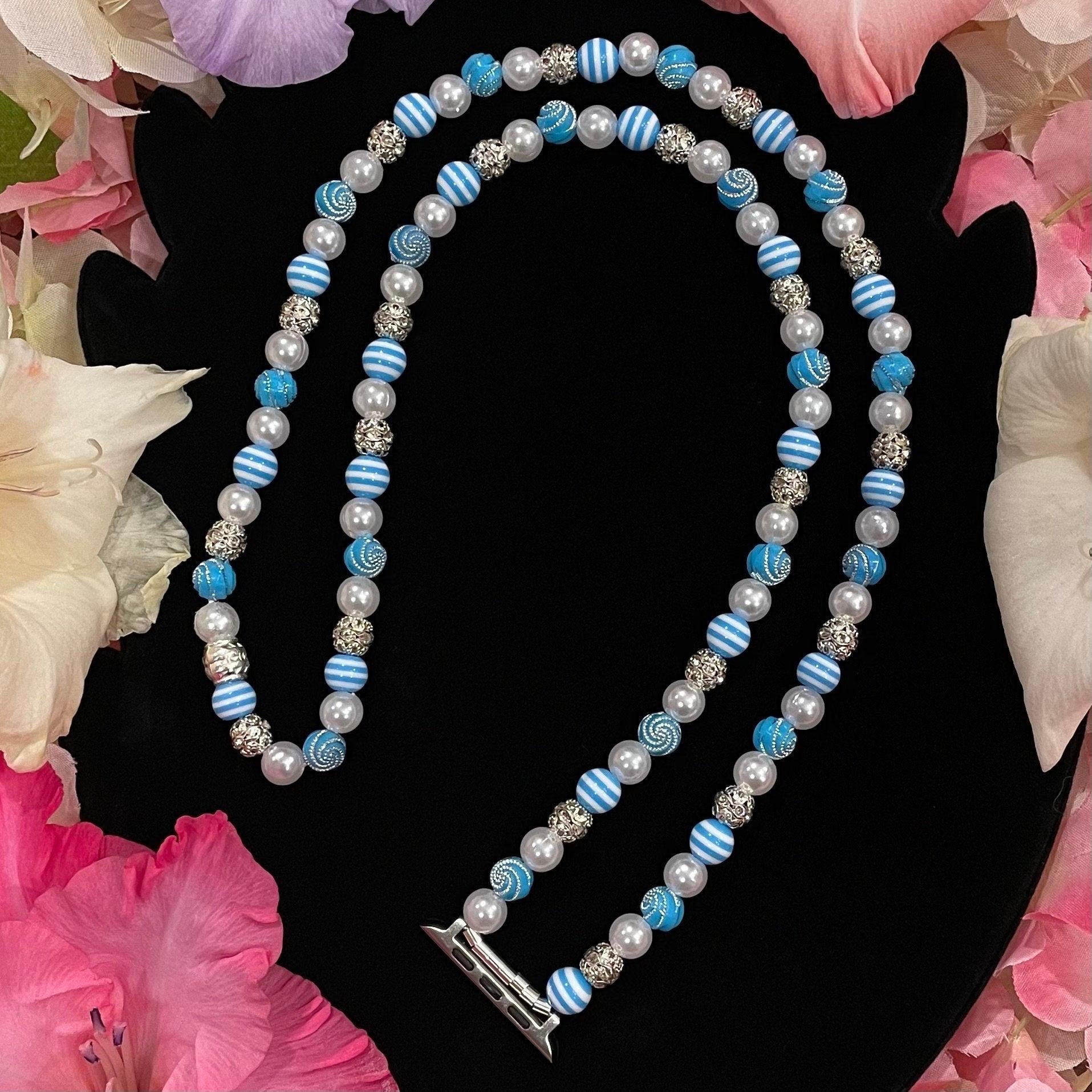 Blue Watch Necklace Pendant Compatible With Apple Watch Made With Imitation Pearls, Acrylic, and Rhinestone Beads