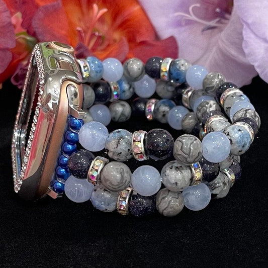 Blue Winter Watch Band Compatible with Apple Watch Made with Blue Spot Jade, Jasper, Sand Stone, Blue Cloud, and Rhinestone Beads.