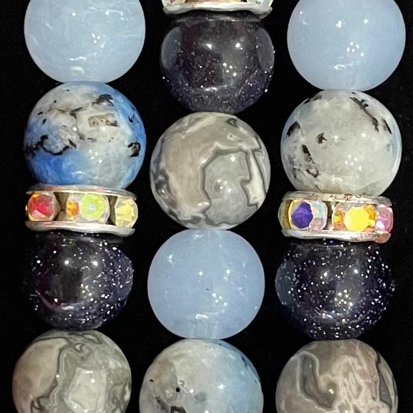 Blue Winter Watch Band Compatible with Apple Watch Made with Blue Spot Jade, Jasper, Sand Stone, Blue Cloud, and Rhinestone Beads.