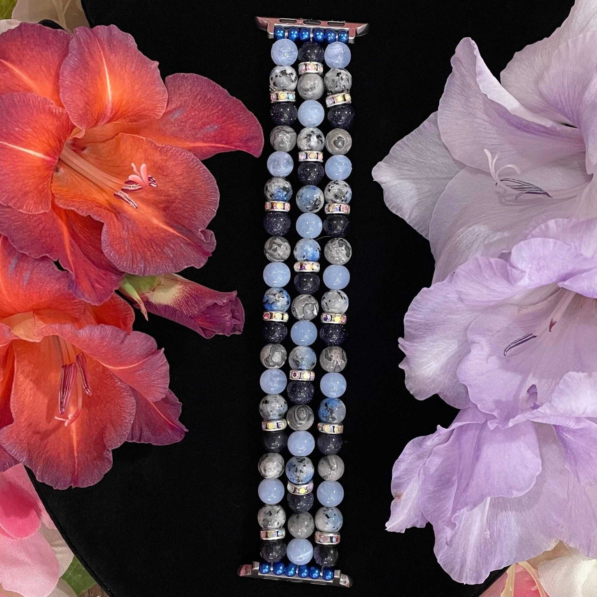 Blue Winter Watch Band Compatible with Apple Watch Made with Blue Spot Jade, Jasper, Sand Stone, Blue Cloud, and Rhinestone Beads.