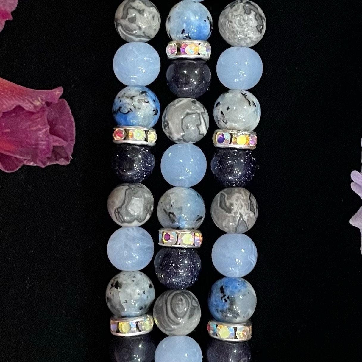 Blue Winter Watch Band Compatible with Apple Watch Made with Blue Spot Jade, Jasper, Sand Stone, Blue Cloud, and Rhinestone Beads.