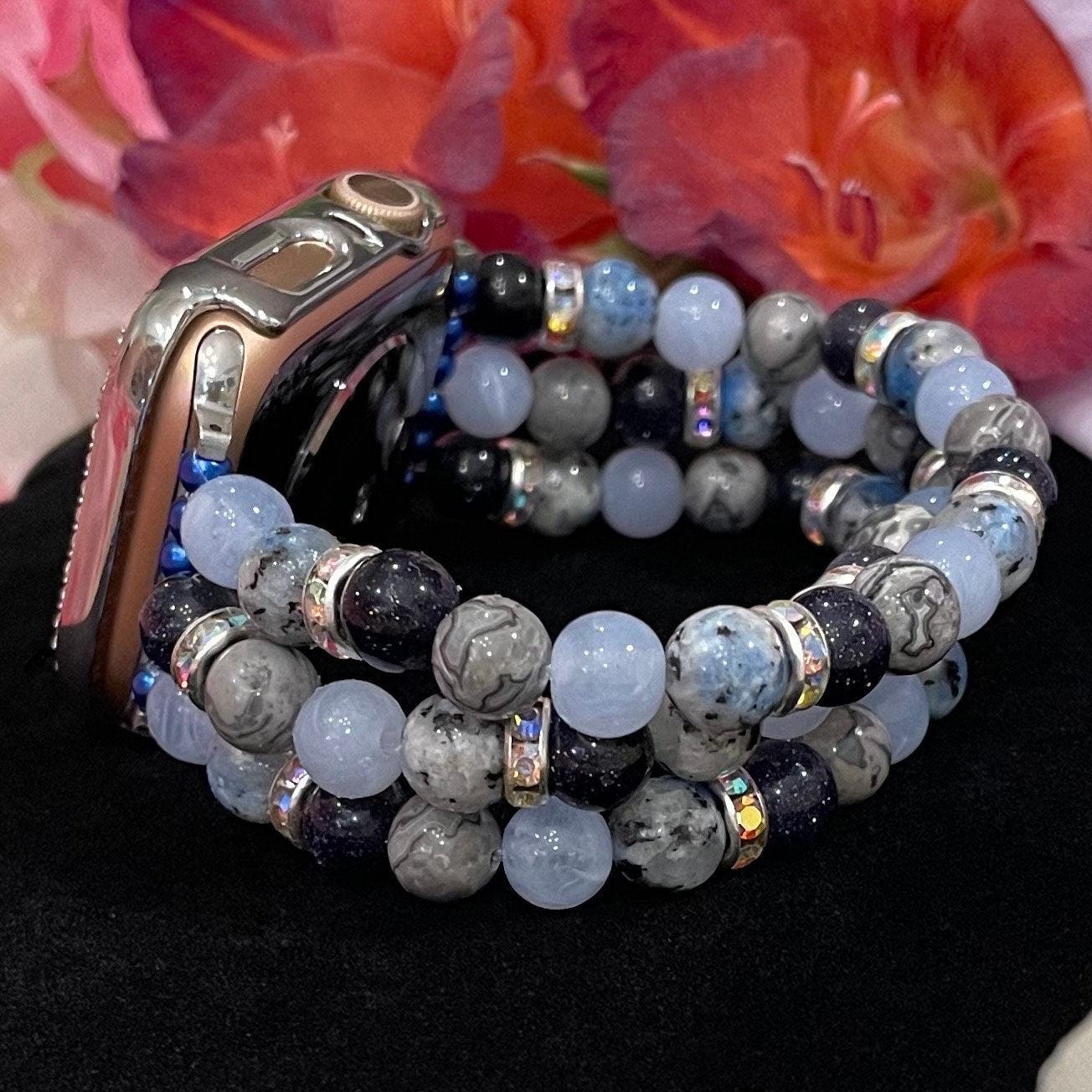 Blue Winter Watch Band Compatible with Apple Watch Made with Blue Spot Jade, Jasper, Sand Stone, Blue Cloud, and Rhinestone Beads.