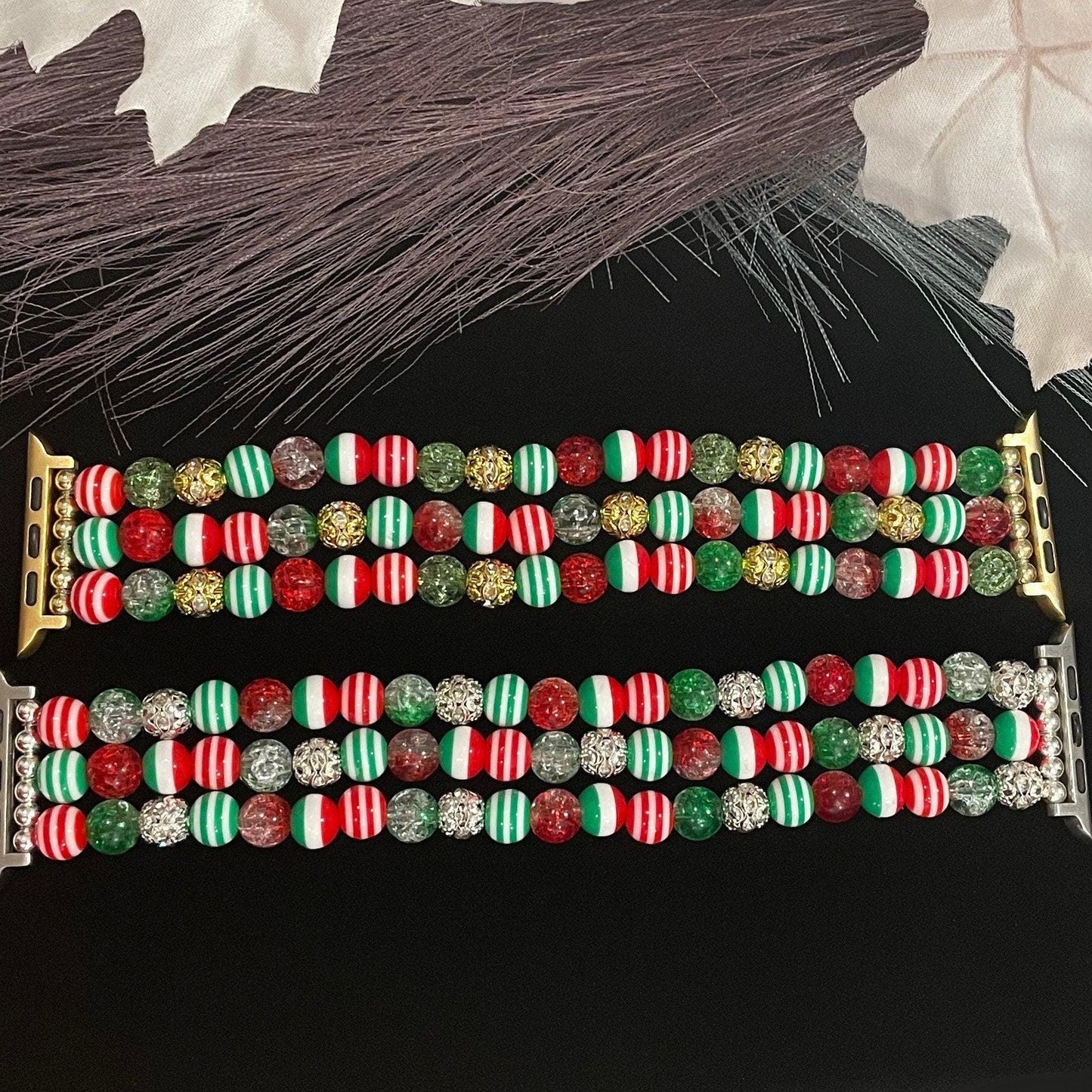 Christmas Watch Band Compatible with Apple Watch Made with Acrylic and Rhinestone Beads (Available in Silver or Gold). Custom Sizing!