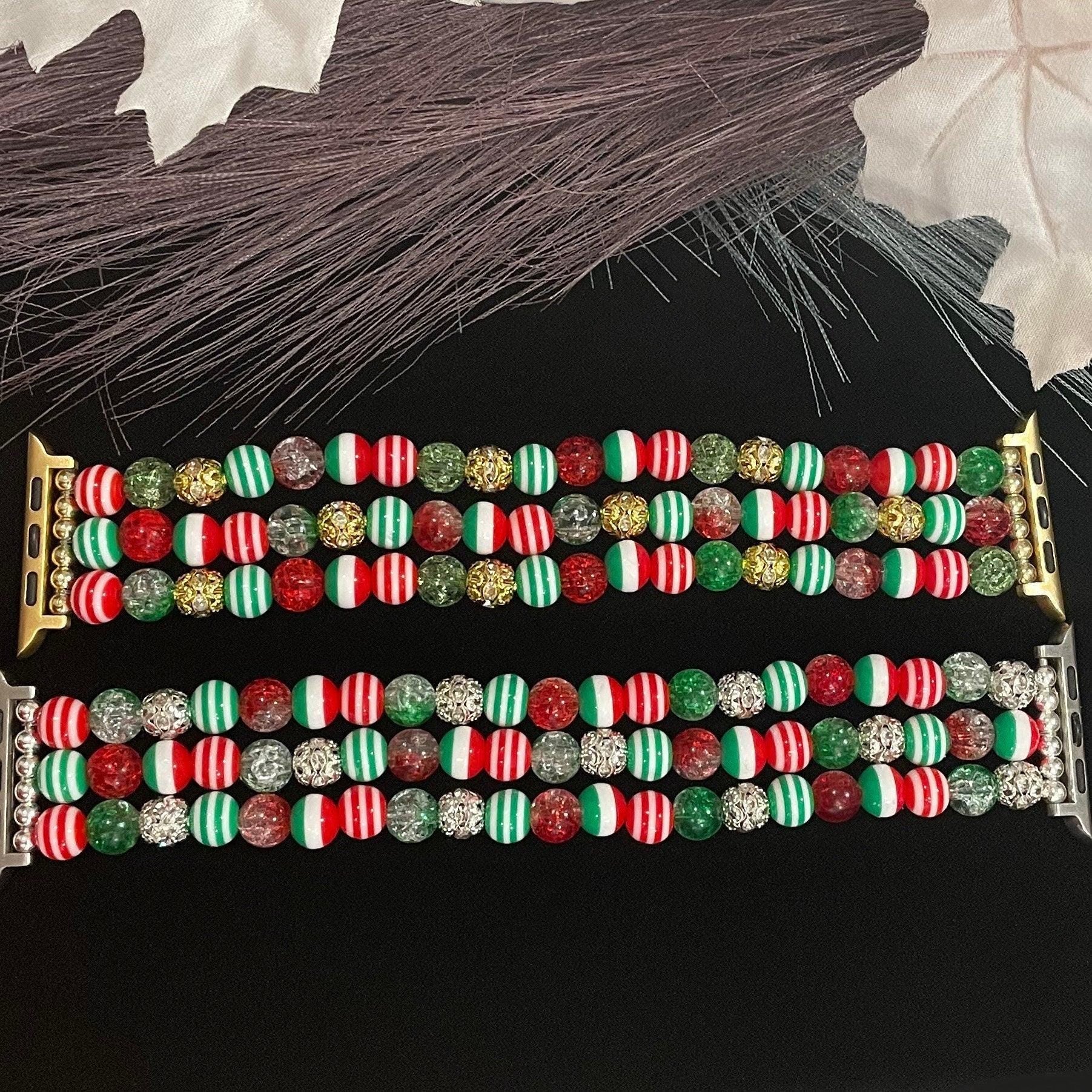 Christmas Watch Band Compatible with Apple Watch Made with Acrylic and Rhinestone Beads (Available in Silver or Gold). Custom Sizing!