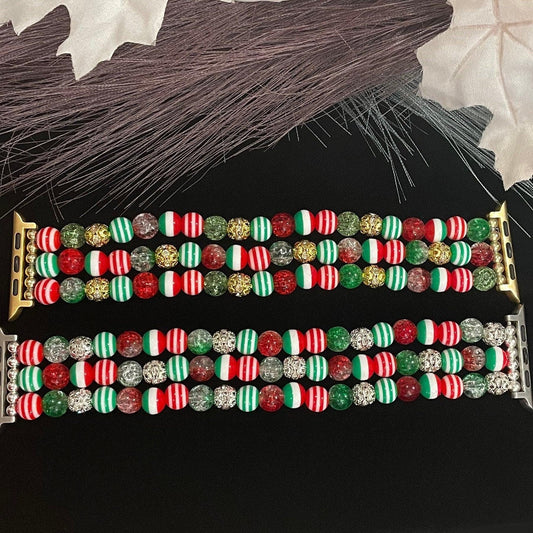 Christmas Watch Band Compatible with Apple Watch Made with Acrylic and Rhinestone Beads (Available in Silver or Gold). Custom Sizing!