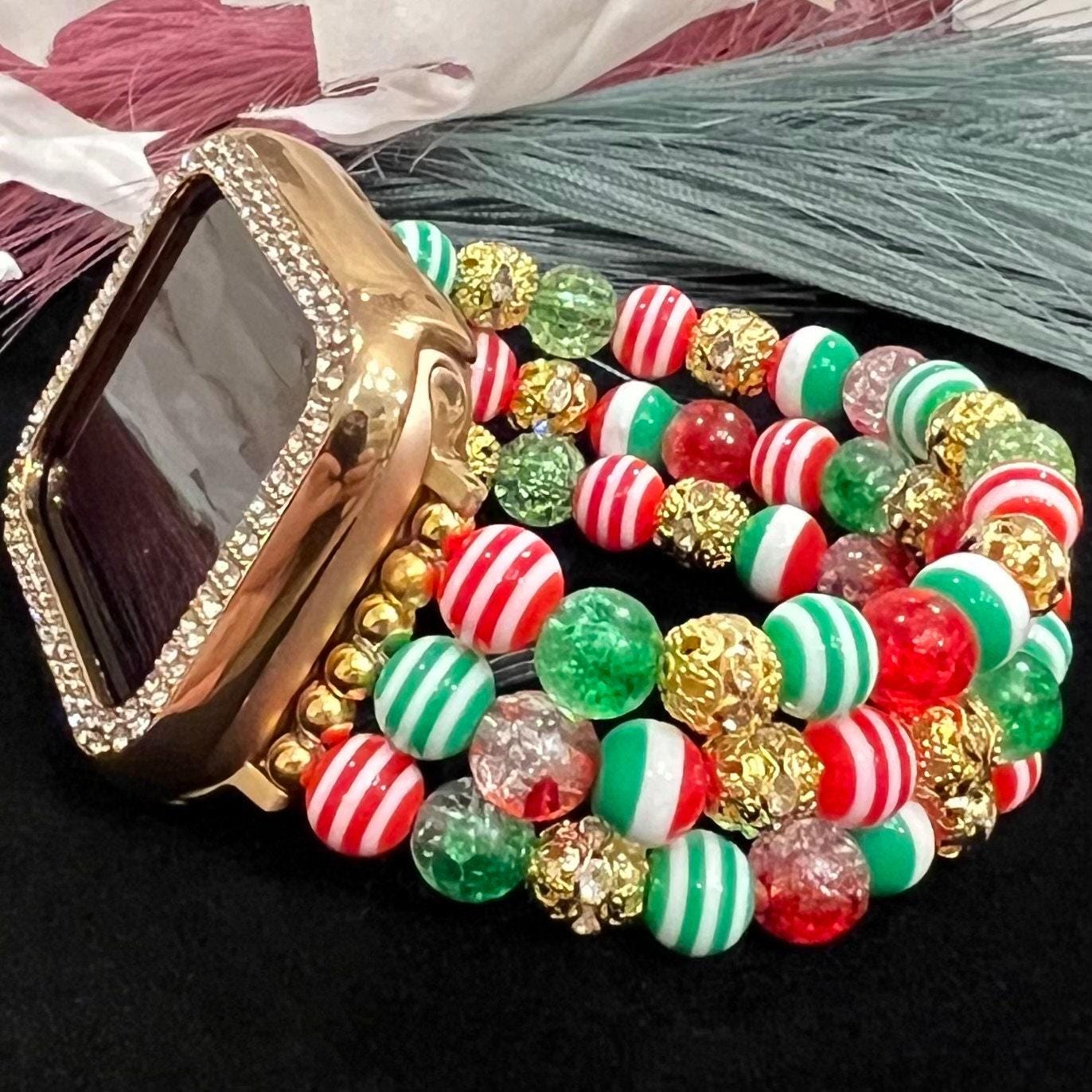 Christmas Watch Band Compatible with Apple Watch Made with Acrylic and Rhinestone Beads (Available in Silver or Gold). Custom Sizing!