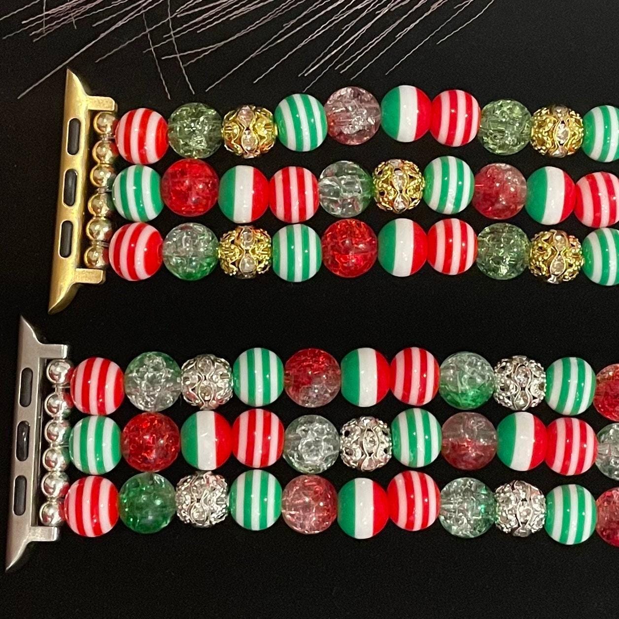 Christmas Watch Band Compatible with Apple Watch Made with Acrylic and Rhinestone Beads (Available in Silver or Gold). Custom Sizing!