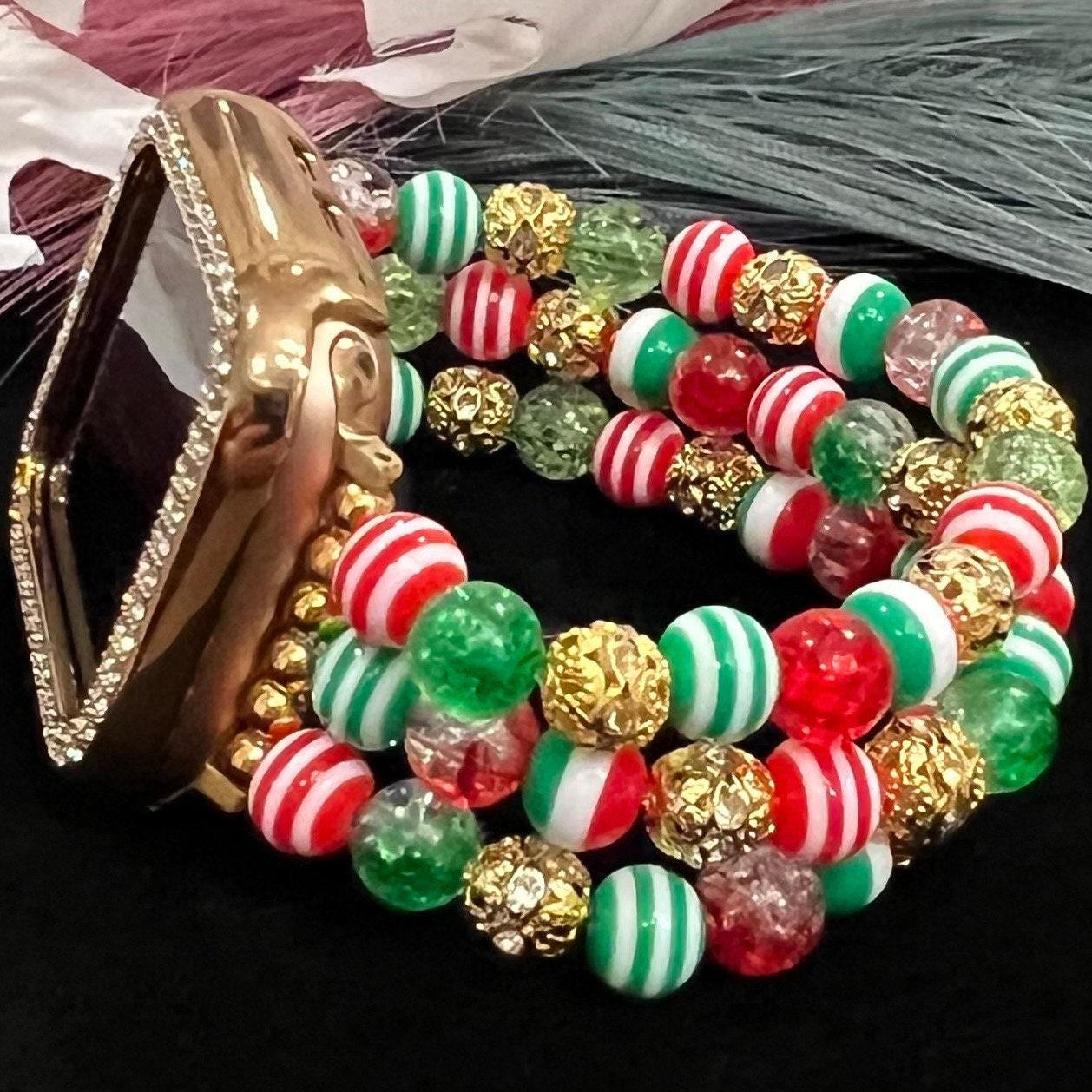 Christmas Watch Band Compatible with Apple Watch Made with Acrylic and Rhinestone Beads (Available in Silver or Gold). Custom Sizing!